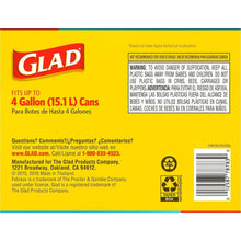 Glad trash bags back label with safety warning and recycling icons