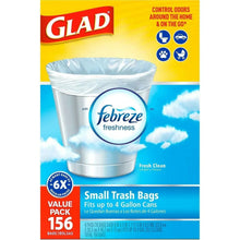 Value pack small trash bags box with Febreze Freshness label and 156 count