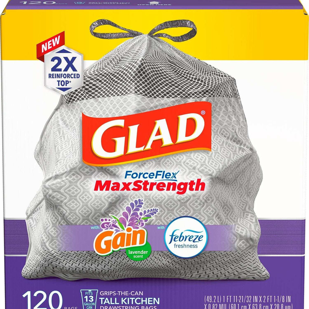 Glad ForceFlex Max Strength Tall Kitchen Drawstring Trash Bags, Gain Lavender 13 gal., 120 ct. - USA MEGA SHOP
