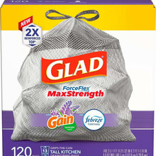 Gray kitchen drawstring trash bag, tied top and diamond pattern.