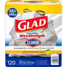 Tall kitchen trash bags pack with Glad and Clorox branding, 120 count