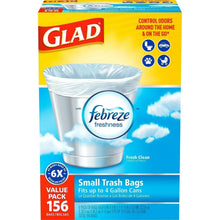 Small twist-tie trash bags box, white bags with Febreze Freshness label