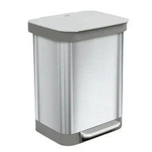 Stainless steel step trash can with closed lid and pedal base, front view