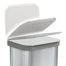 Stainless steel trash can with open lid showing inner liner support, close angle