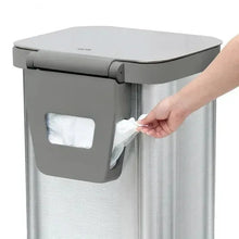 Stainless steel step trash can with swing lid and side bag opening