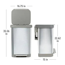 Stainless steel step trash can with gray swing lid, side and front view dimensions
