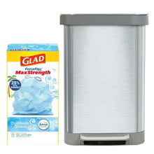 Stainless steel step trash can with swing lid and Glad trash bag bundle