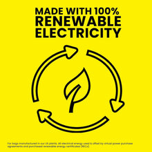 Yellow packaging panel with arrow icons: made with 100% renewable electricity