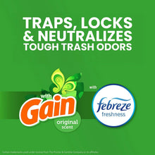 Green trash bag packaging panel: traps, locks, and neutralizes odors with Gain and Febreze