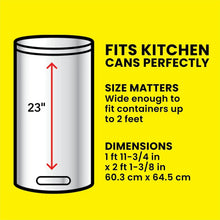 Kitchen trash bag size chart for tall cans, shows 23 in height.