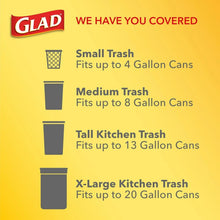 Trash bag sizes chart showing small, medium, tall kitchen, and x-large kitchen bins