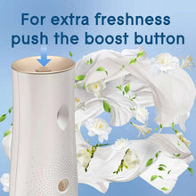 Automatic spray air freshener device with boost button, shown with white floral graphics