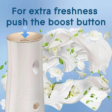 Glade refill can with “boost” arrow over white floral petals
