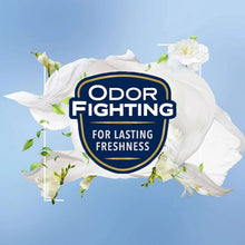 Odor fighting badge on white floral-themed Glade Clean Linen spray refill label