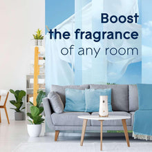 Glade Clean Linen spray air freshener refill can on table near automatic dispenser