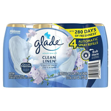 Glade Clean Linen automatic spray air freshener refills pack, 4-count, blue canisters