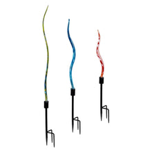 Set of 3 glass garden stakes featuring yellow, blue, and red swirled glass spikes.