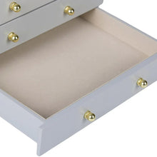 Gray lift-top jewelry box base with beige lining and organizer compartments, plus gold knobs