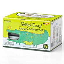 Baby food glass container set box showing crocodile graphic and 18 pieces