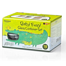 Baby food glass container set in lime green box with clear viewing window, 18 pieces