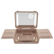 Glo Tech beauty case with LED mirror, pink, open with interior compartments