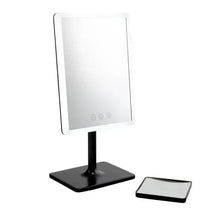 Adjustable LED mirror on black stand with a separate small accessory piece