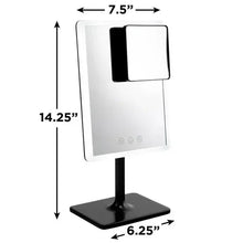 Adjustable LED mirror with dimensions shown; black base and rectangular frame