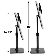 Adjustable LED mirror in two raised angles on a black square base