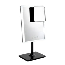 Adjustable LED rechargeable mirror with black top light module on stand