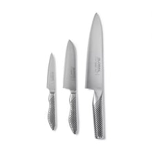 Chef's knife set with three stainless steel blades and textured perforated handles