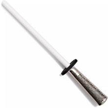 Ceramic sharpener with white handle and perforated sharpening sleeve, black end cap