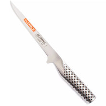 Global flexible boning knife with perforated handle and pointed blade