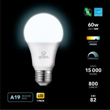 Globe LED A19 bulb, daylight 5000K, dimmable, 800 lumens