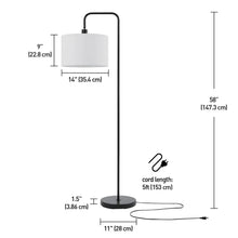 Matte black floor lamp with white drum shade, 58 in height, 5 ft cord