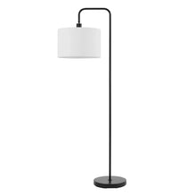 Matte black floor lamp with white linen drum shade and curved neck
