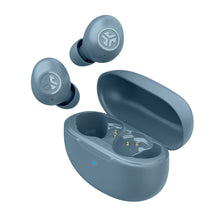 Slate blue true wireless earbuds with open charging case and two earbuds shown