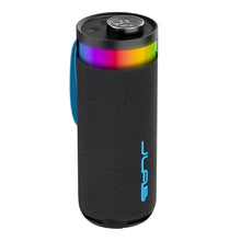 Black portable Bluetooth party speaker with textured fabric, RGB top ring, and side light.