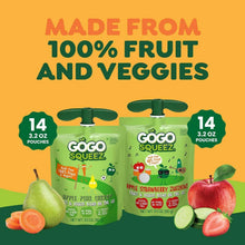 GoGo SqueeZ fruit & veggie pouch pack with 14-count banner and pouch fronts