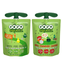 Two GoGo SqueeZ fruit & veggie applesauce pouches with green caps and front labels