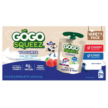 GoGo SqueeZ Yogurtz variety pack pouch box with Strawberry and Blueberry flavors