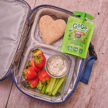 GoGo SqueeZ organic applesauce squeeze pouch in lunch box with strawberry and celery