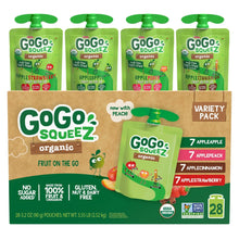 GoGo SqueeZ organic applesauce variety pack with 28-count squeeze pouches, box