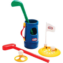 Kids golf grab-and-go set: blue bucket, green flag, red putter, yellow tee