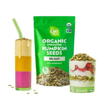 Organic sprouted pumpkin seeds pouch with two jars of seeds and sauce