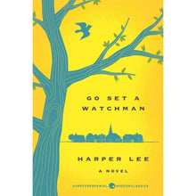 Paperback novel cover, yellow with blue tree, title and Harper Lee name centered.