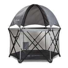 Gray mesh toddler playard with dome canopy, zip-front opening, foldable metal frame