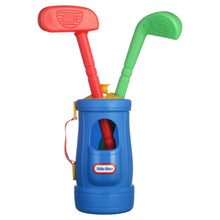 Kids golf grab-and-go bucket with red and green handle sticks and blue base
