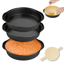 Set of three round nonstick cake pans with handles, black carbon steel finish