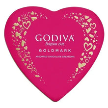 Heart-shaped Godiva Goldmark chocolate tin, pink with gold hearts