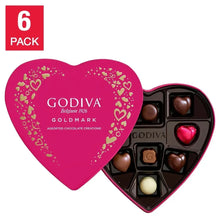 Open heart-shaped Godiva Goldmark chocolate tin with assorted chocolates, 6-pack